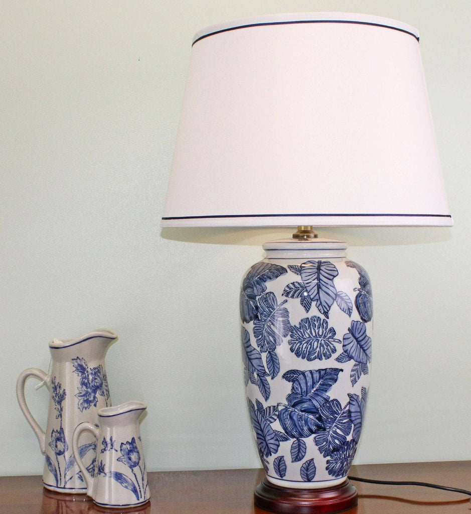 Blue & White Ceramic Lamp with Wooden Base 70cm - Price Crash Furniture