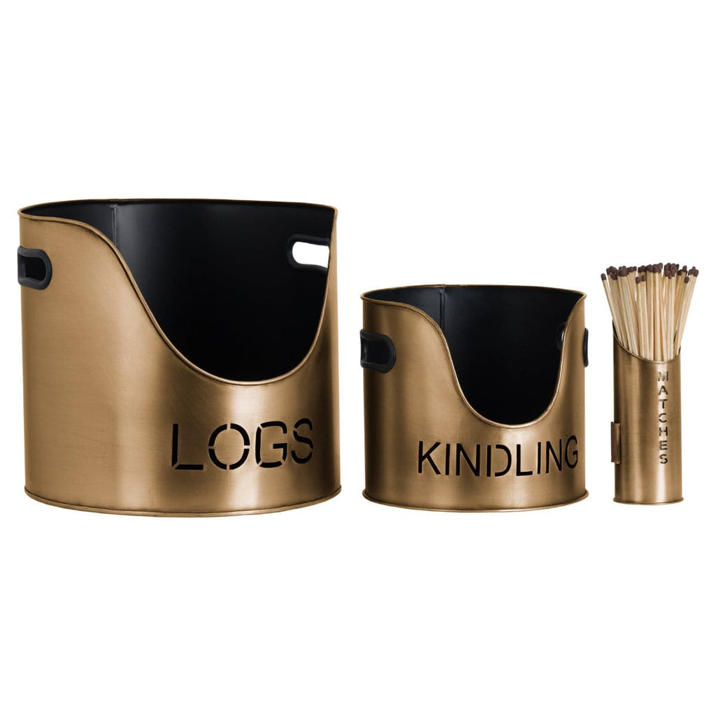 Bronze Finish Logs And Kindling Buckets & Matchstick Holder - Price Crash Furniture