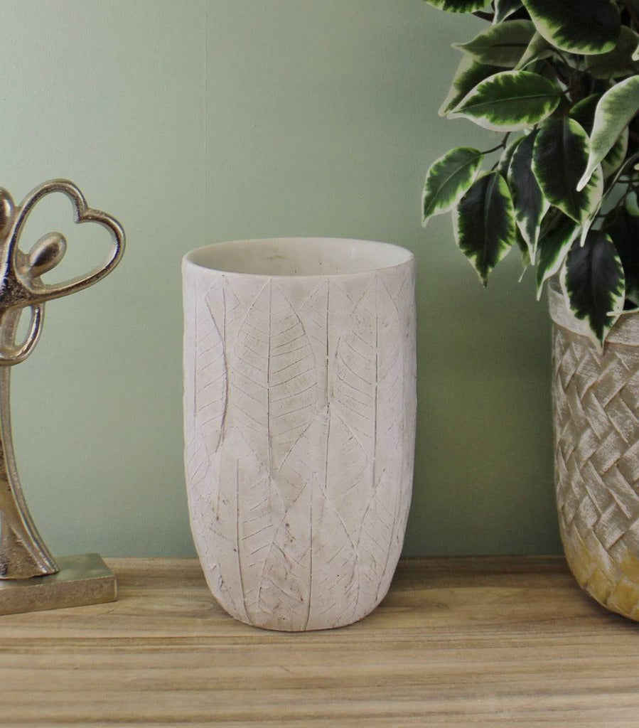 Cement Embossed Leaf Vase, 21.5cm - Price Crash Furniture