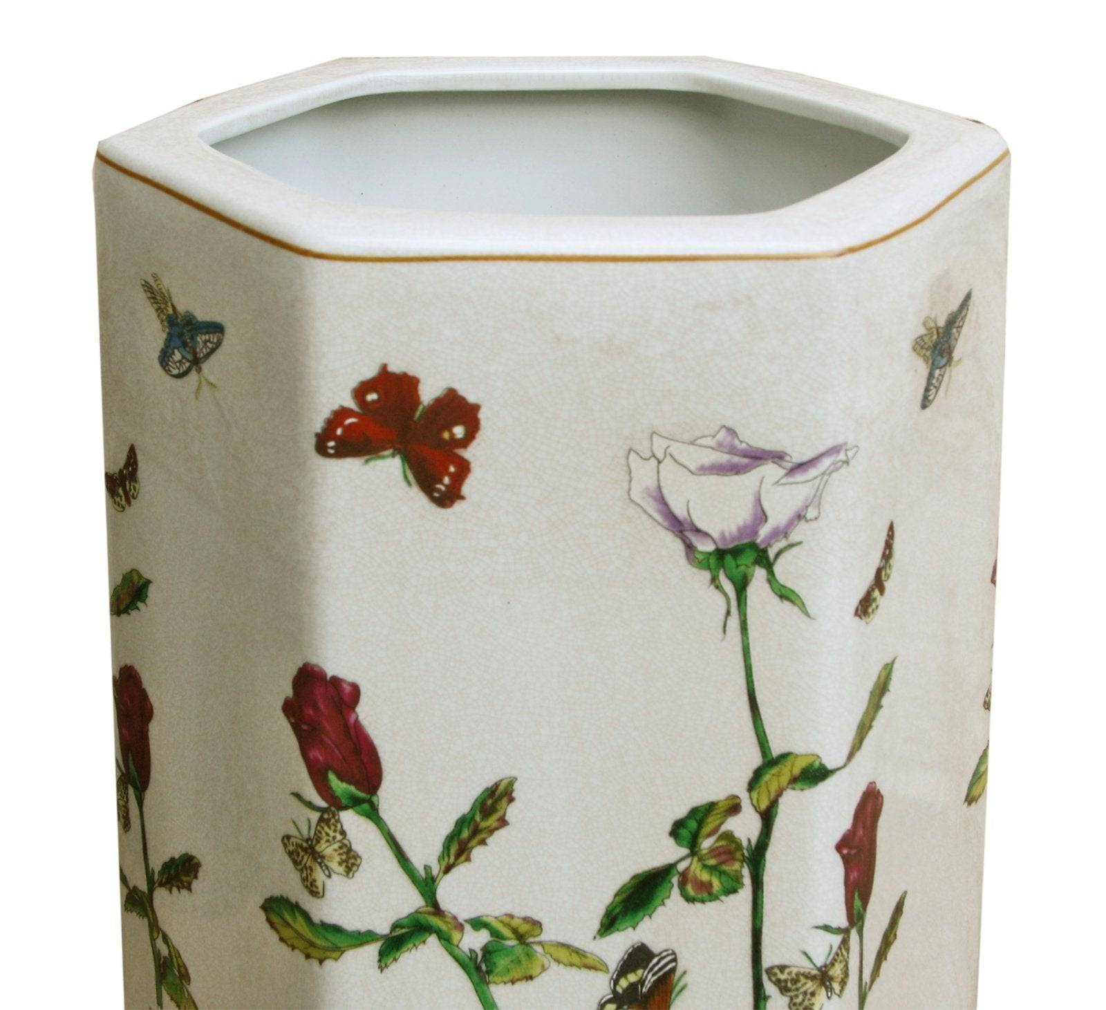 Ceramic Hexagonal Umbrella Stand With Butterfly Design - Price Crash Furniture