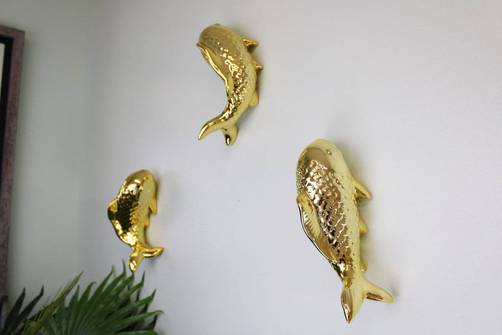 Ceramic Wall Hanging Trio of Koi Fish in Gold Finish - Price Crash Furniture