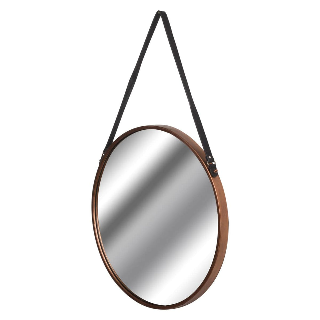 Copper Rimmed Round Hanging Wall Mirror With Black Strap - Price Crash Furniture