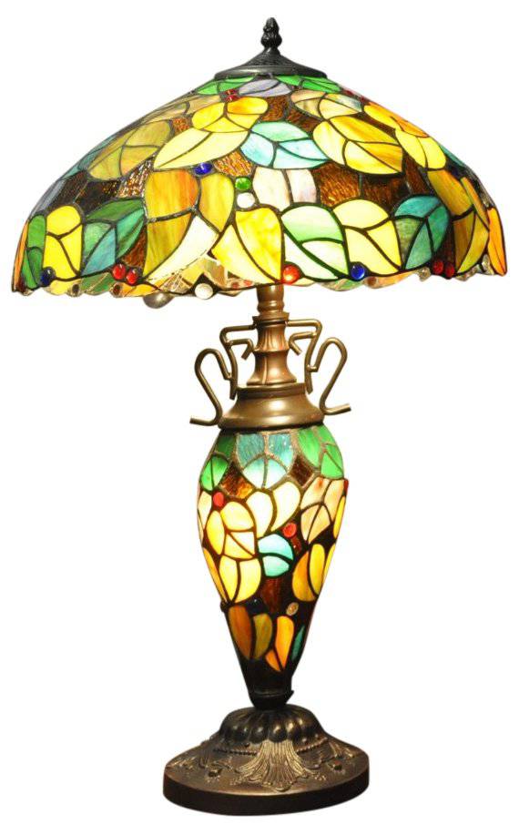 Double Tiffany Lamp 16" in Multicolour Leaf Pattern with Light-Up Base - Price Crash Furniture
