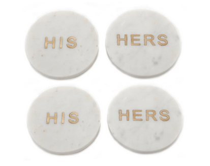 Four 'His' & 'Her' White Marble Coasters - Price Crash Furniture