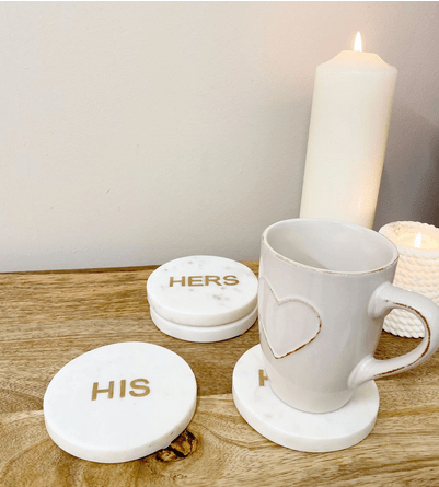 Four 'His' & 'Her' White Marble Coasters - Price Crash Furniture