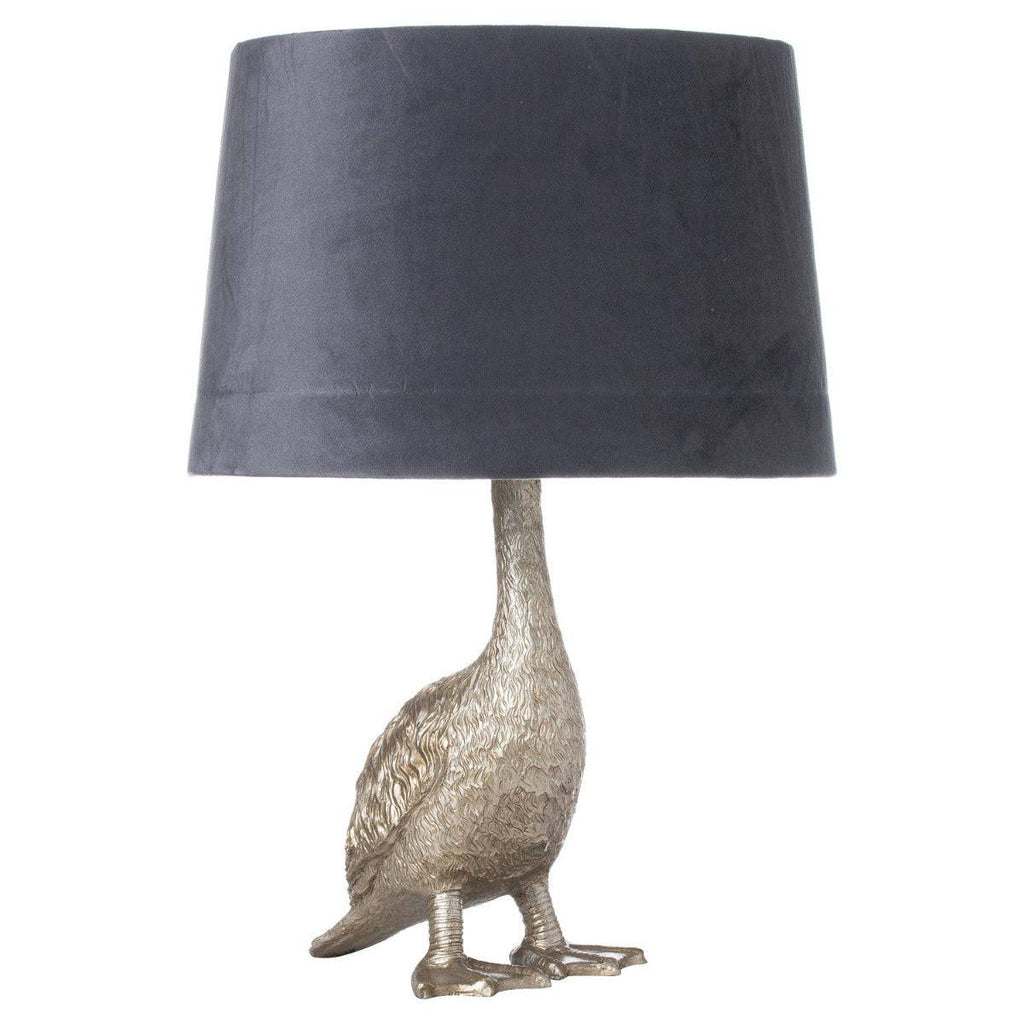 Gary the Goose Silver Table Lamp With Grey Velvet Shade - Price Crash Furniture