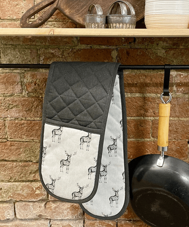 Grey Double Oven Glove With A Stag Print Design - Price Crash Furniture