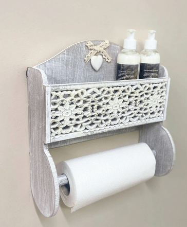 Grey Wooden Kitchen Towel Holder With Cutout Pattern Shelf - Price Crash Furniture