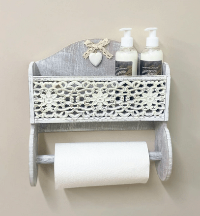 Grey Wooden Kitchen Towel Holder With Cutout Pattern Shelf - Price Crash Furniture