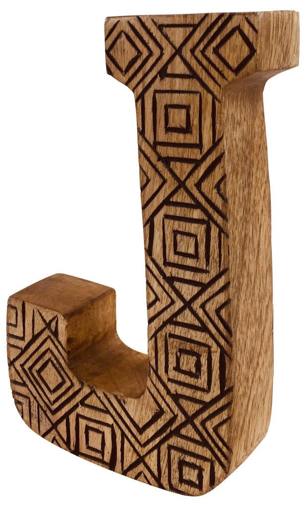 Hand Carved Wooden Geometric Letter J - Price Crash Furniture