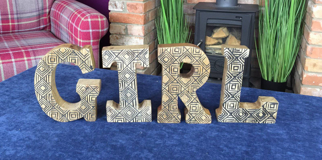 Hand Carved Wooden Geometric Letters Girl - Price Crash Furniture