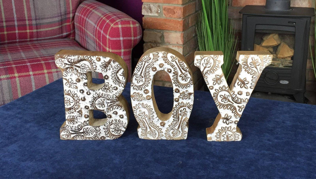 Hand Carved Wooden White Flower Letters Boy - Price Crash Furniture