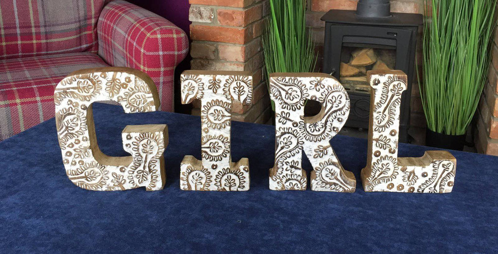 Hand Carved Wooden White Flower Letters Girl - Price Crash Furniture