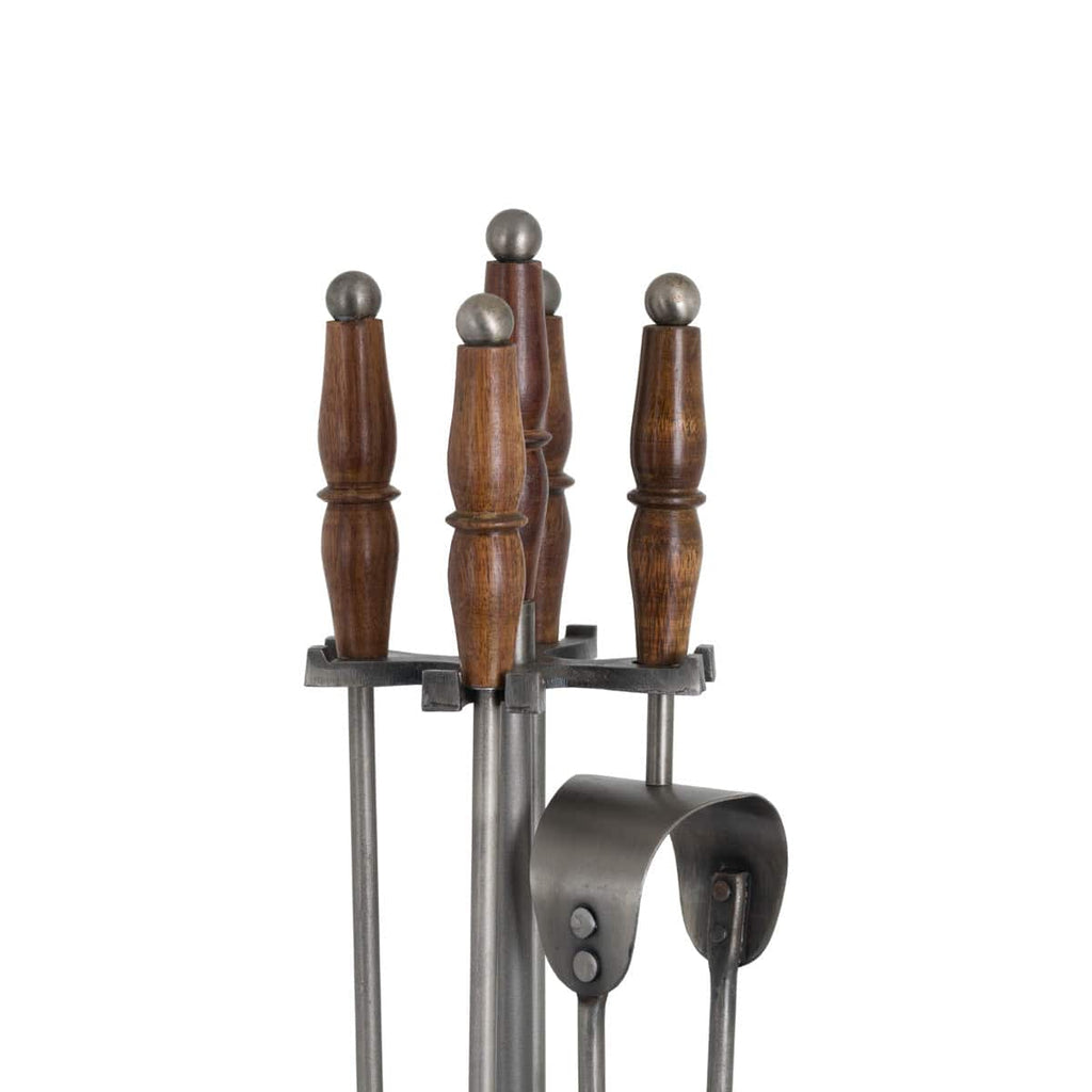 Hand Turned Fire Companion Set In Antique Pewter With Wooden Handles - Price Crash Furniture