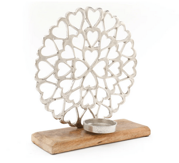 Heart Pattern Tealight Holder On Wooden Base - Price Crash Furniture