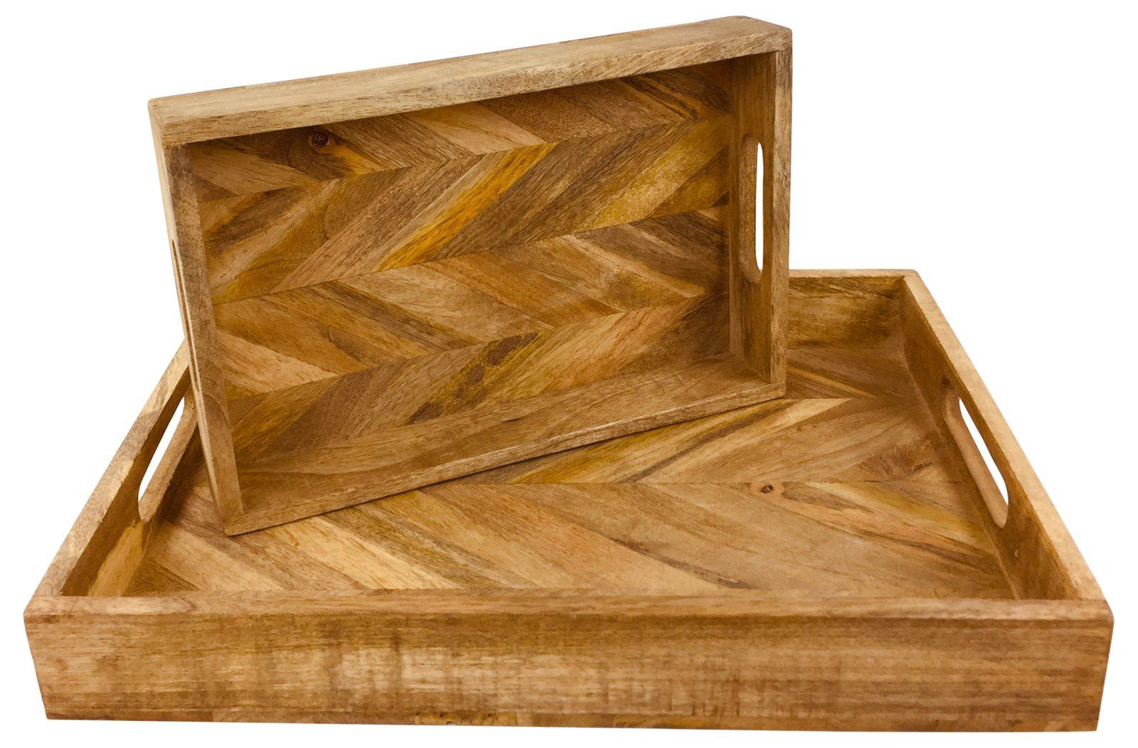 Herringbone Square Wood Rustic Trays Set of 2 - Price Crash Furniture