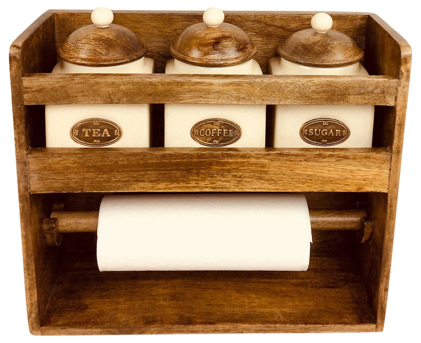 Kitchen Roll Holder with 3 Jars - Tea Coffee Sugar - Price Crash Furniture