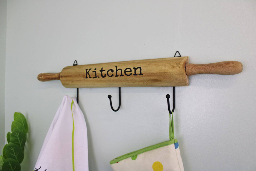 Kitchen Wall Hooks, 4 Hooks with a Rolling Pin Design - Price Crash Furniture