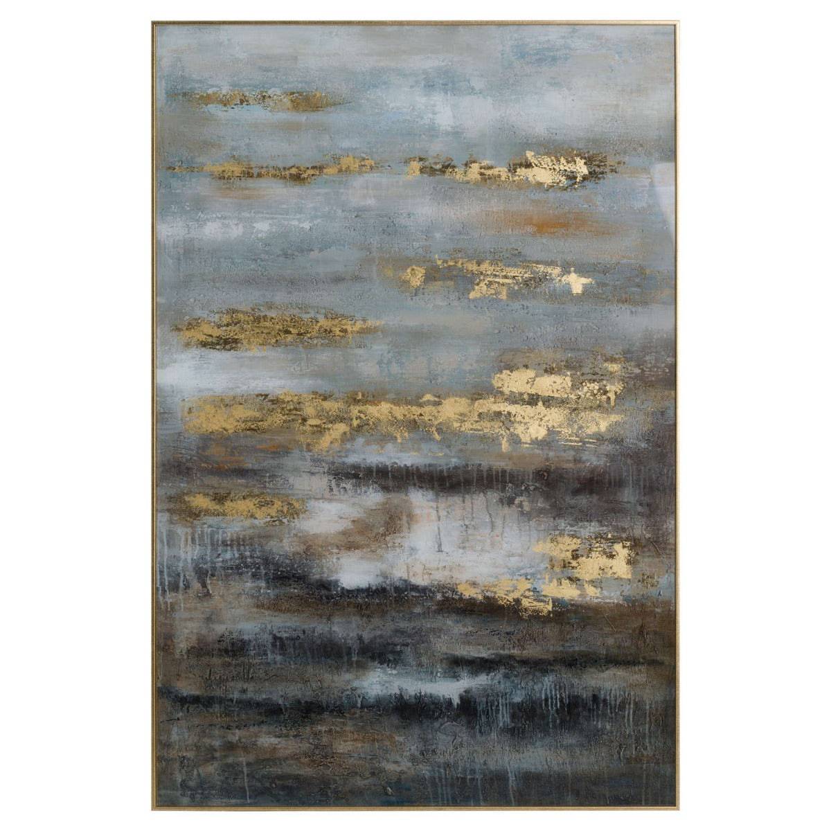 Large Abstract Grey And Gold Glass Image With Gold Frame - Price Crash Furniture