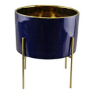 Large Ceramic Gold Lined Planter With Stand, Navy Blue - Price Crash Furniture