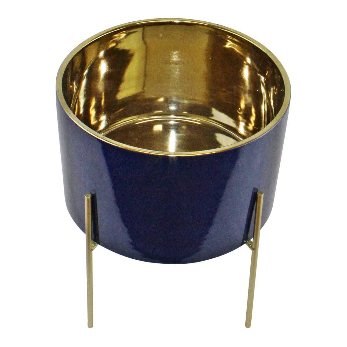 Large Ceramic Gold Lined Planter With Stand, Navy Blue - Price Crash Furniture