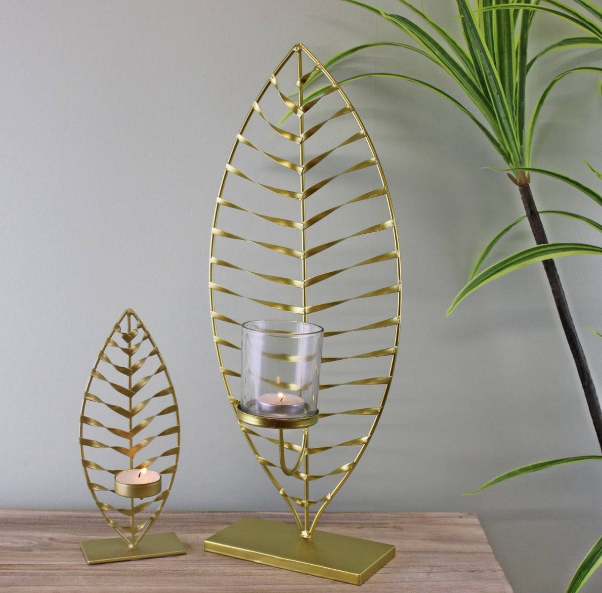 Large Gold Leaf Candle Holder with Glass Jar - Price Crash Furniture