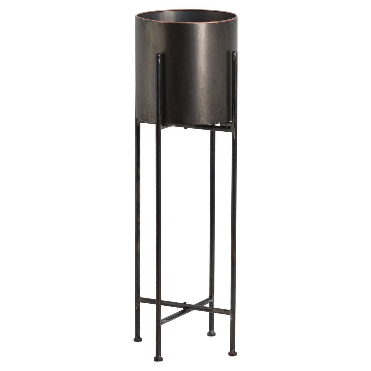 Large Gun Metal Grey Cylindrical Planter On Black Frame - Price Crash Furniture