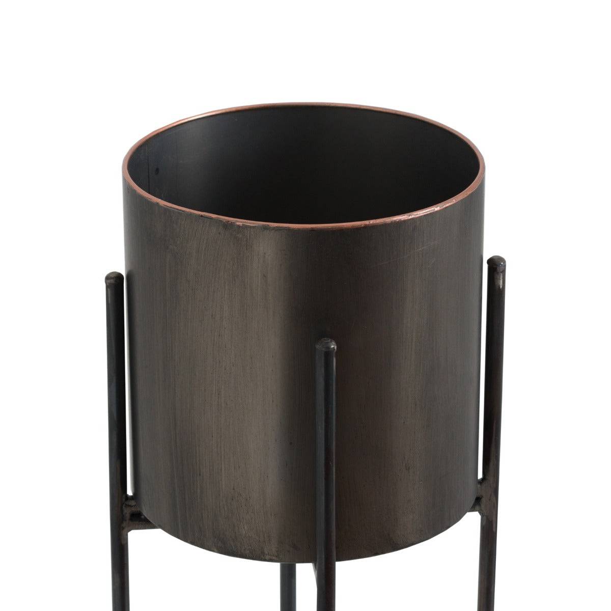 Large Gun Metal Grey Cylindrical Planter On Black Frame - Price Crash Furniture