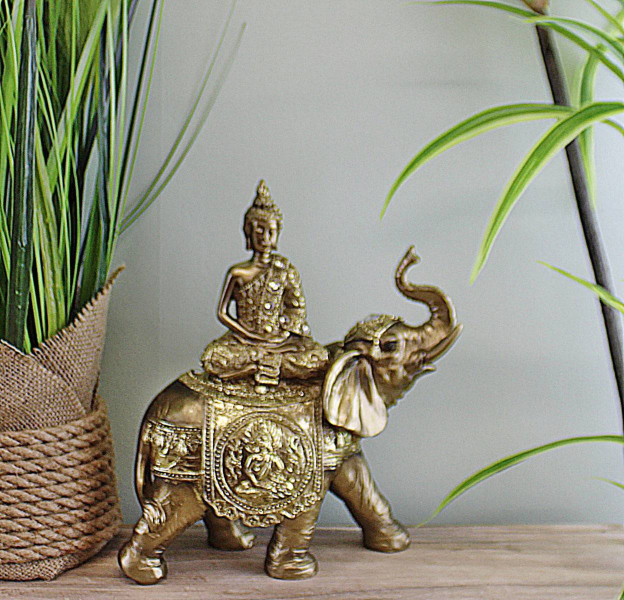 Large Jewelled Buddha On Elephant Ornament, 24cm - Price Crash Furniture