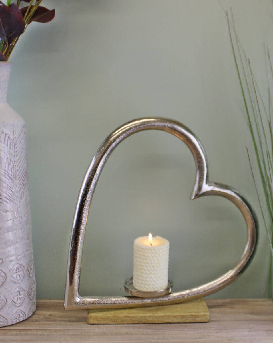 Large Metal Heart Candle Holder With Wooden Base - Price Crash Furniture