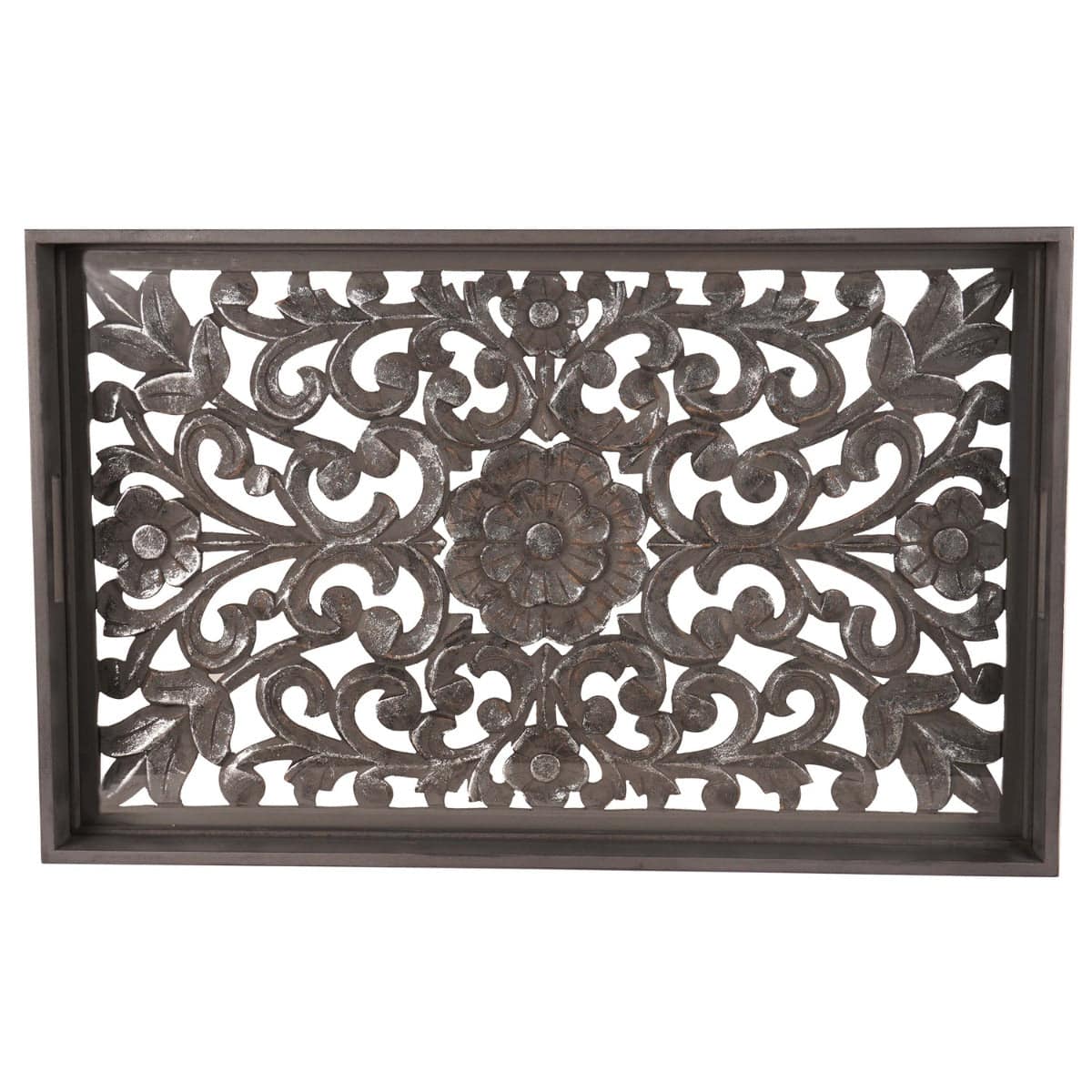 Large Rectangular Carved Metallic Hampton Tray - Price Crash Furniture