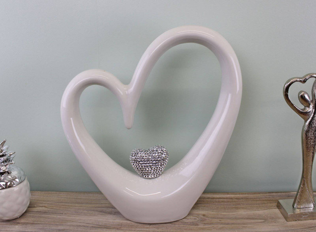 Large White Ceramic Heart with Diamante Ornament - Price Crash Furniture