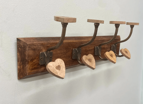 Mango Wood Heart 4 Double Coat Hooks - Price Crash Furniture