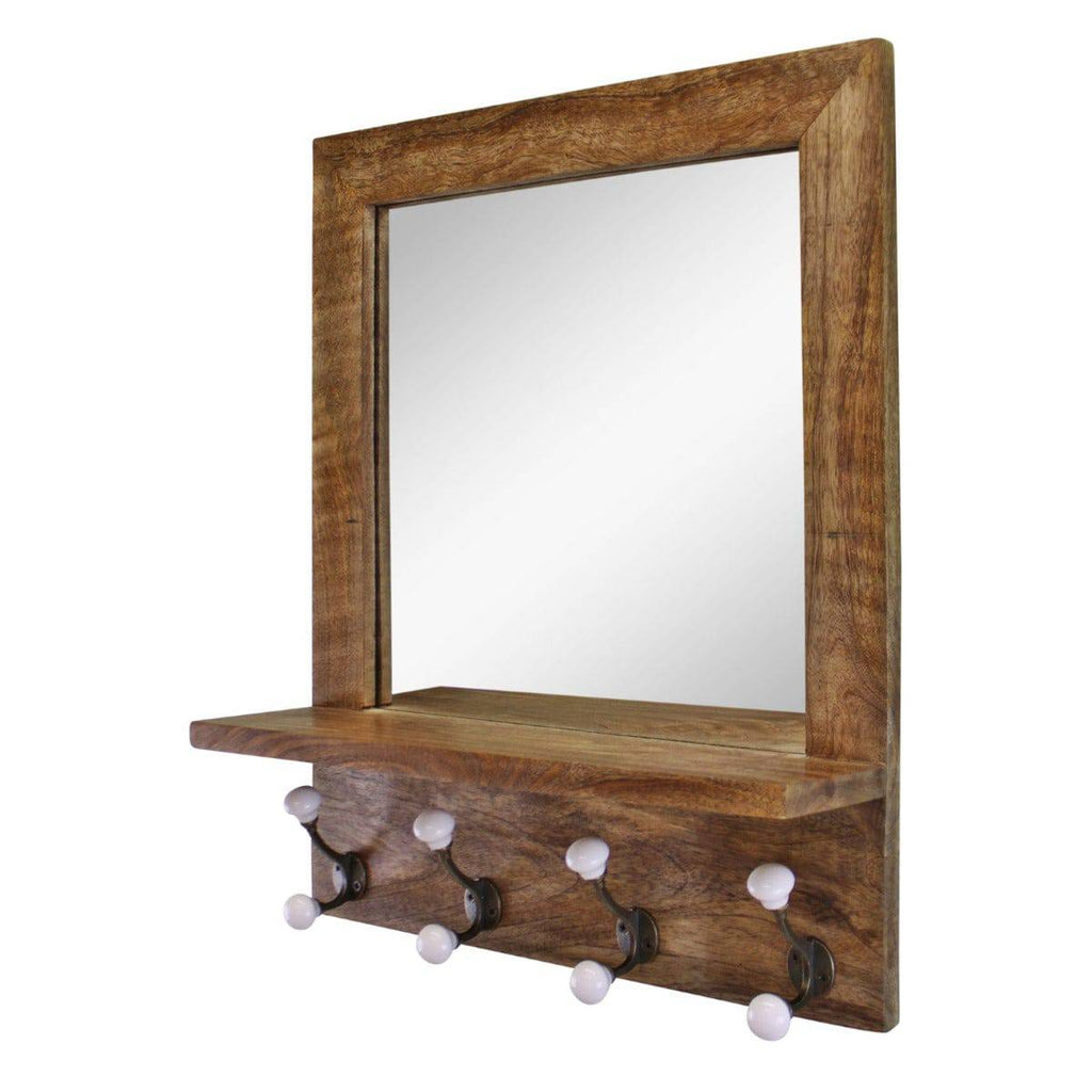 Mango Wood Shelf Unit With Mirror & 4 Double Coat Hooks - Price Crash Furniture