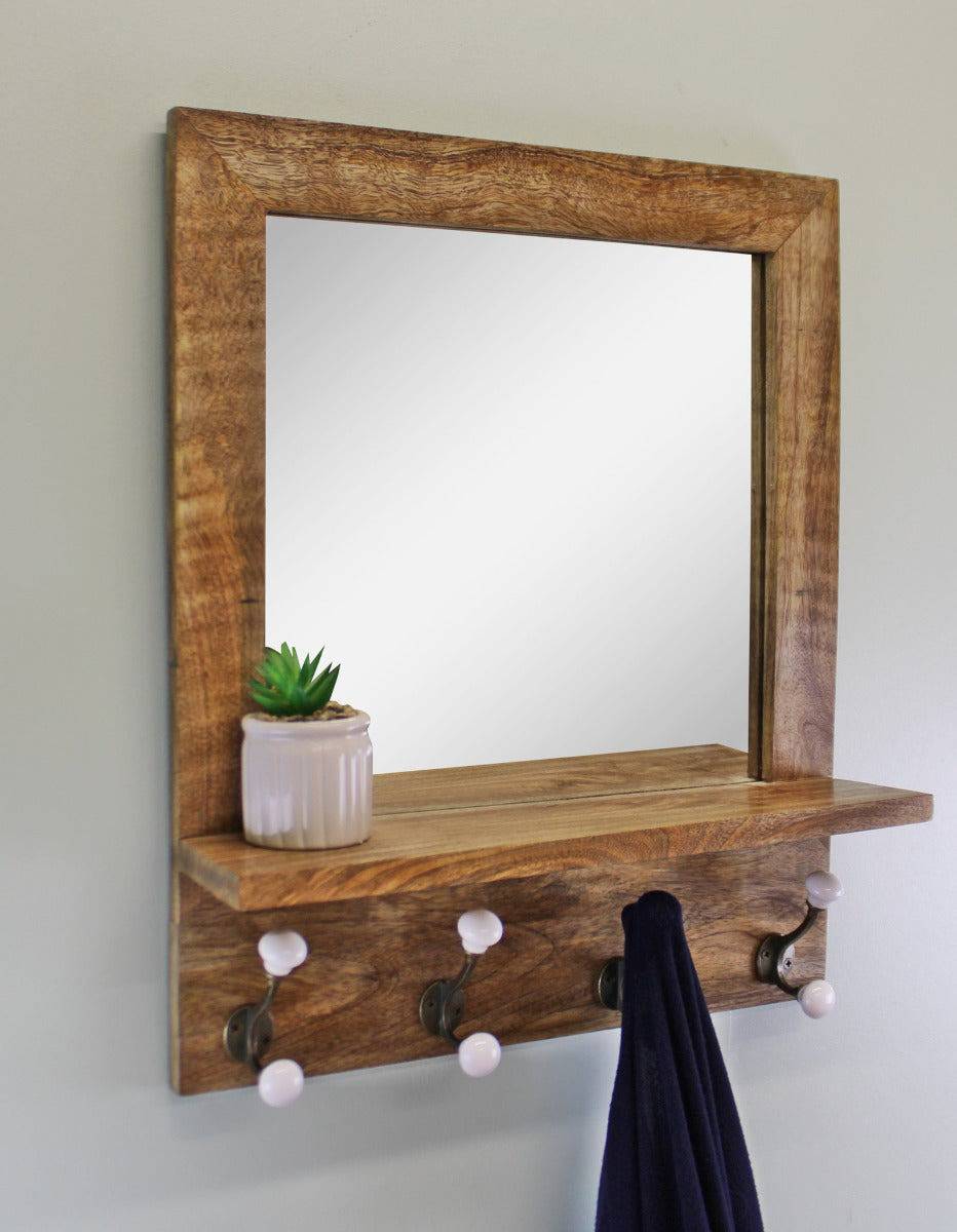 Mango Wood Shelf Unit With Mirror & 4 Double Coat Hooks - Price Crash Furniture