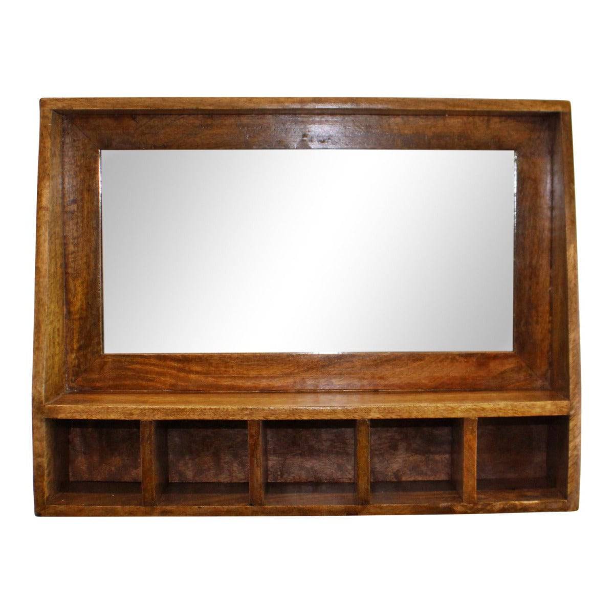 Mango Wood Wall Shelf With Mirror & Storage Slots - Price Crash Furniture