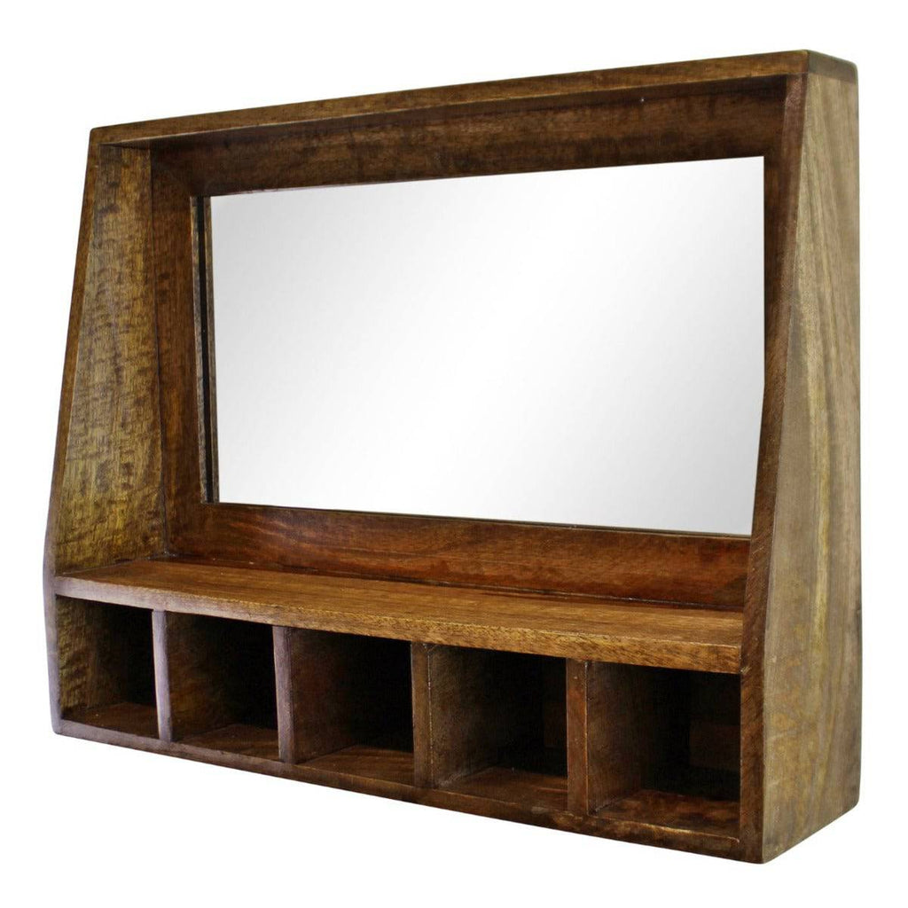 Mango Wood Wall Shelf With Mirror & Storage Slots - Price Crash Furniture