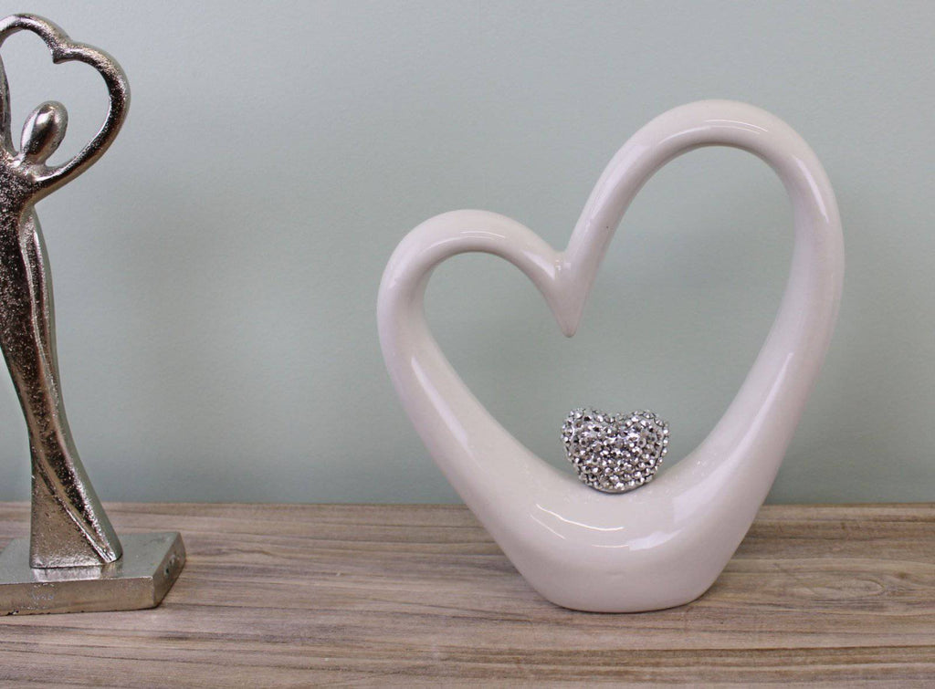 Medium White Ceramic Heart with Diamante Ornament - Price Crash Furniture