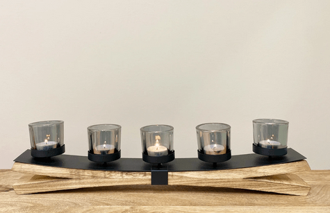 Metal Tealight Holder On Wooden Base 54cm - Price Crash Furniture