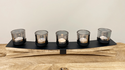 Metal Tealight Holder On Wooden Base 54cm - Price Crash Furniture