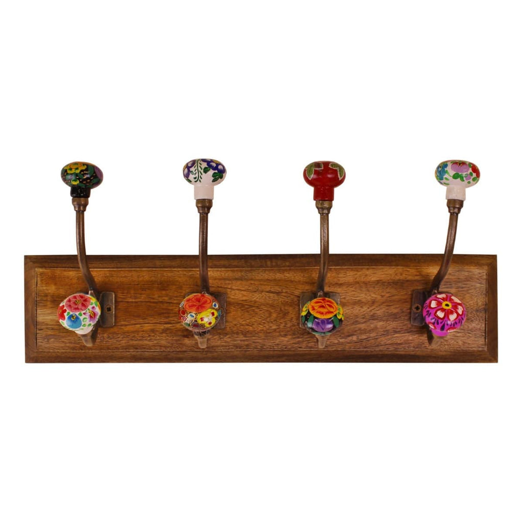 Mexican Floral Ceramic Hooks on Wooden Base - Price Crash Furniture