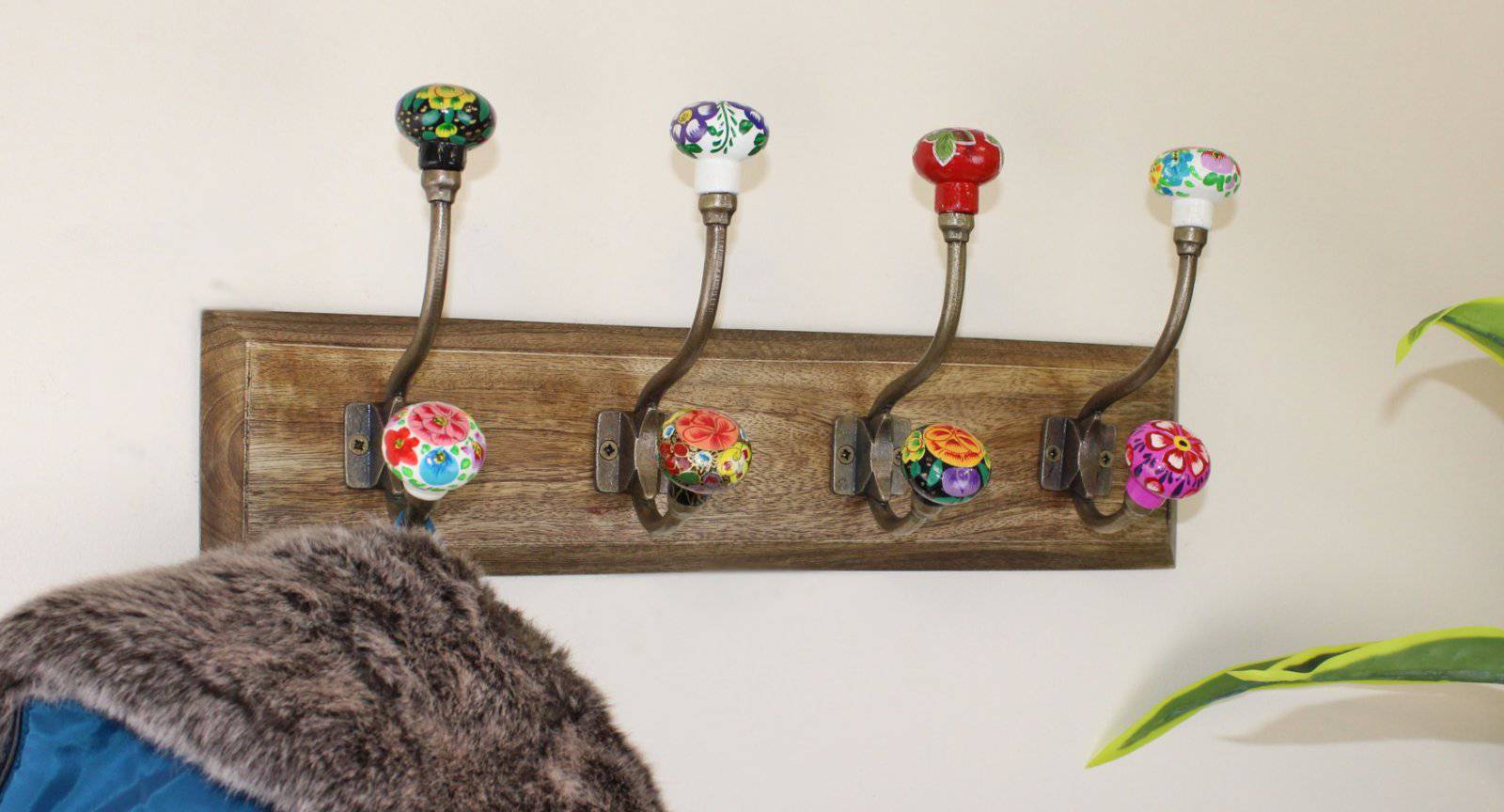 Mexican Floral Ceramic Hooks on Wooden Base - Price Crash Furniture