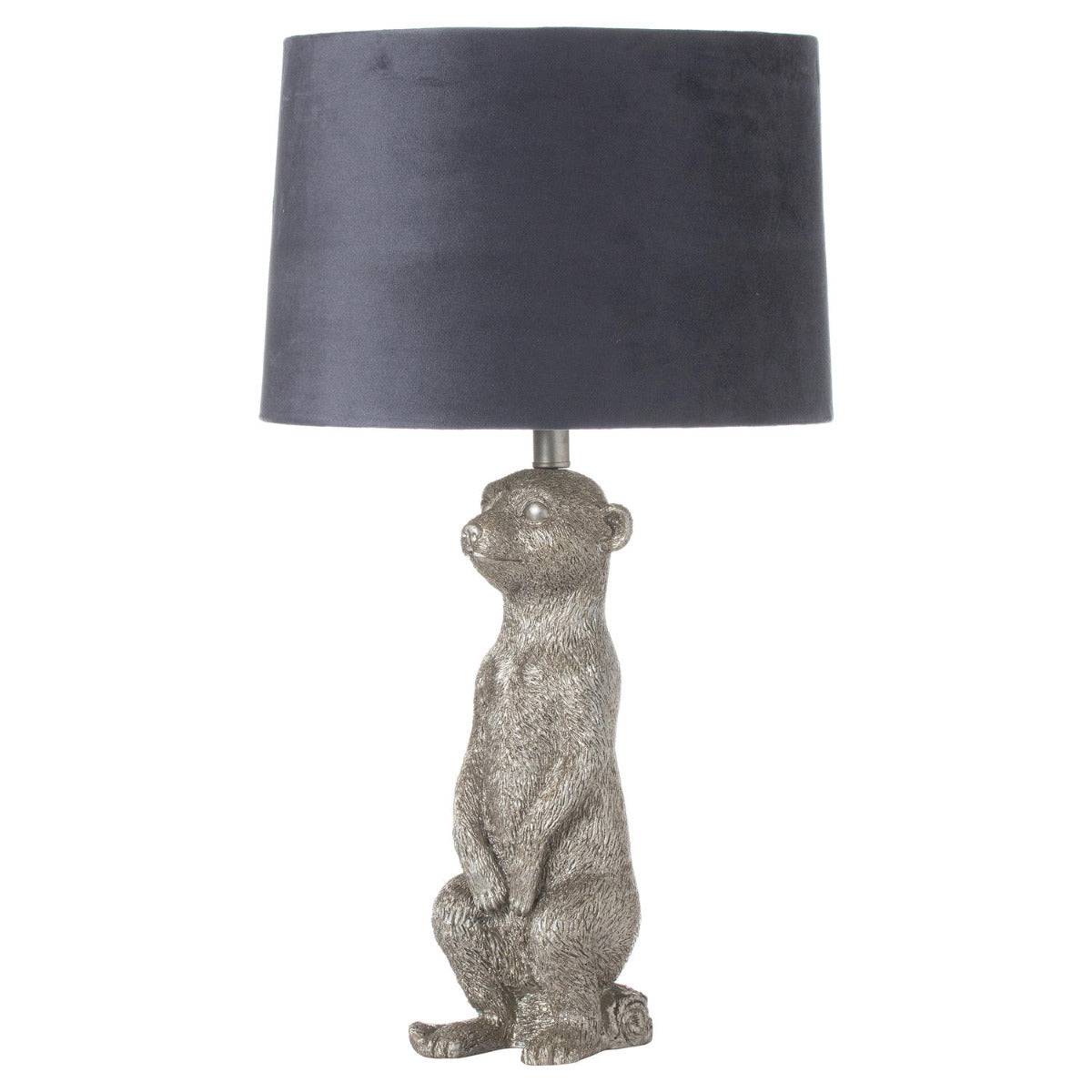 Morris The Meerkat Silver Table Lamp With Grey Velvet Shade - Price Crash Furniture