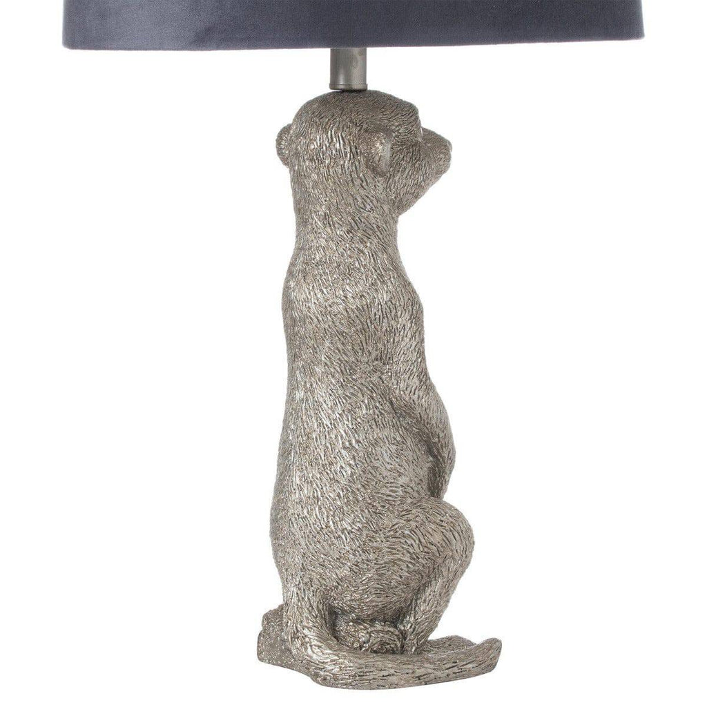 Morris The Meerkat Silver Table Lamp With Grey Velvet Shade - Price Crash Furniture