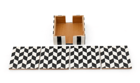 Pack of 4 Black & White Herringbone Wooden Coasters - Price Crash Furniture