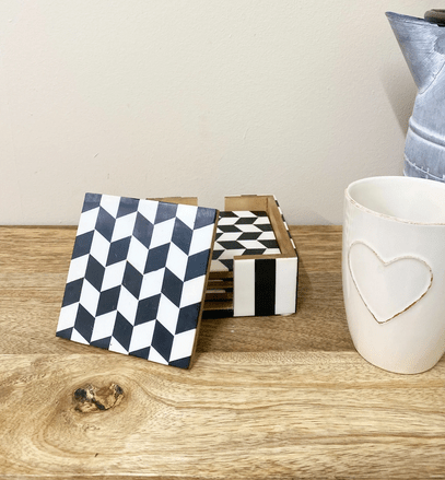 Pack of 4 Black & White Herringbone Wooden Coasters - Price Crash Furniture