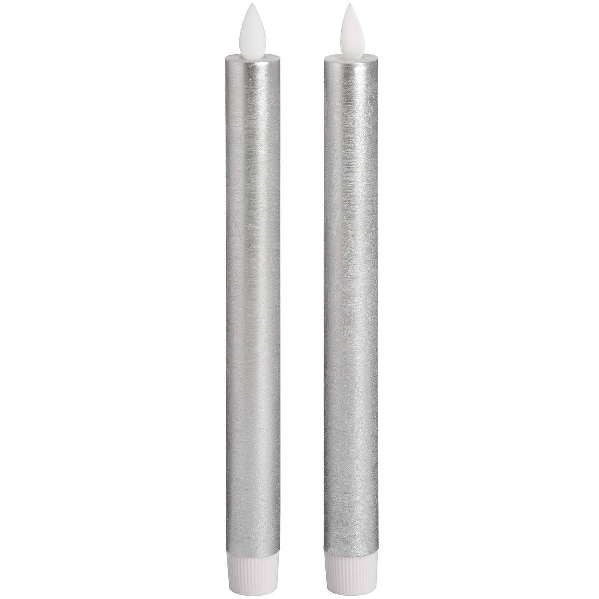 Pair Of Silver Luxe Flickering Flame LED Wax Dinner Candles - Price Crash Furniture