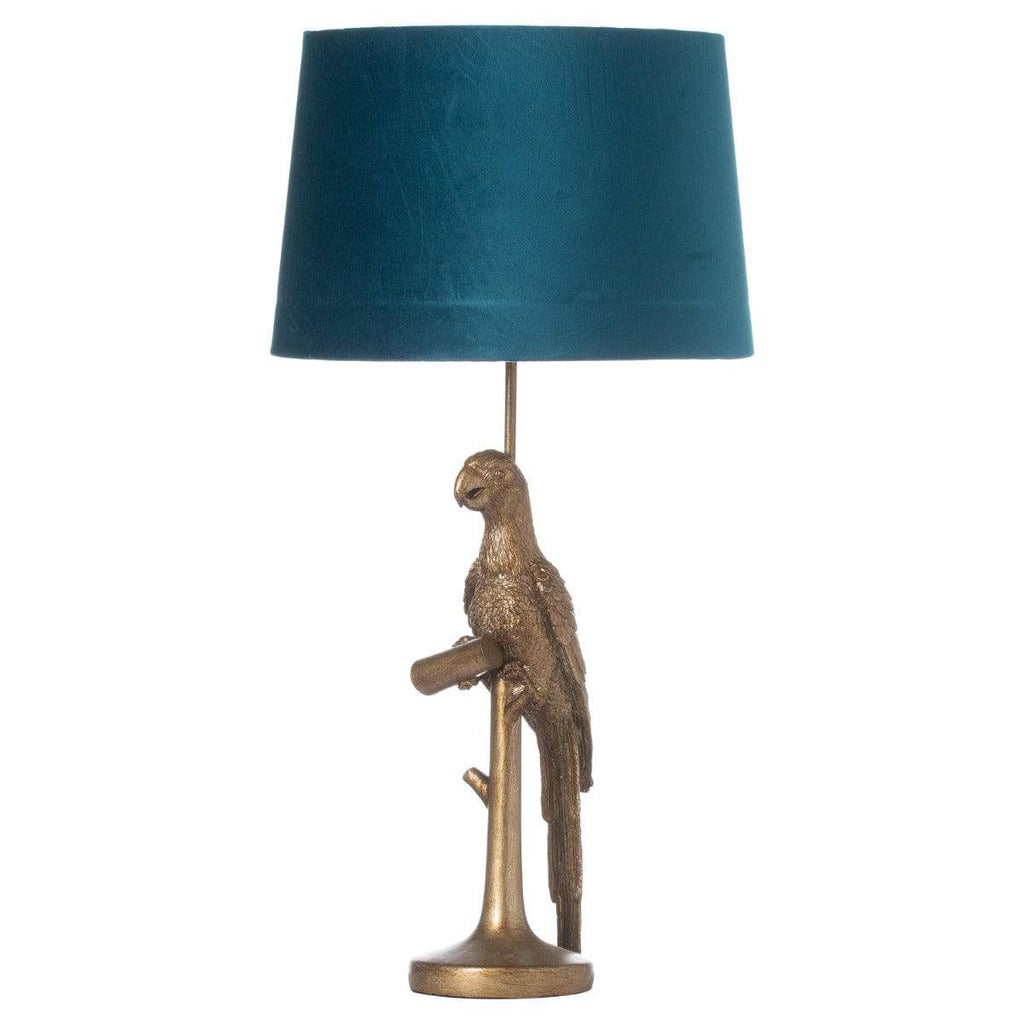 Percy The Parrot Gold Table Lamp With Teal Velvet Shade - Price Crash Furniture