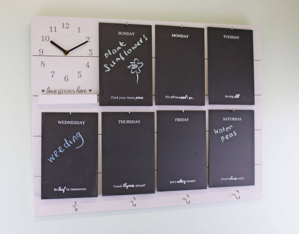 Potting Shed Weekly Reminder Chalkboard with Clock & Hooks, White - Price Crash Furniture