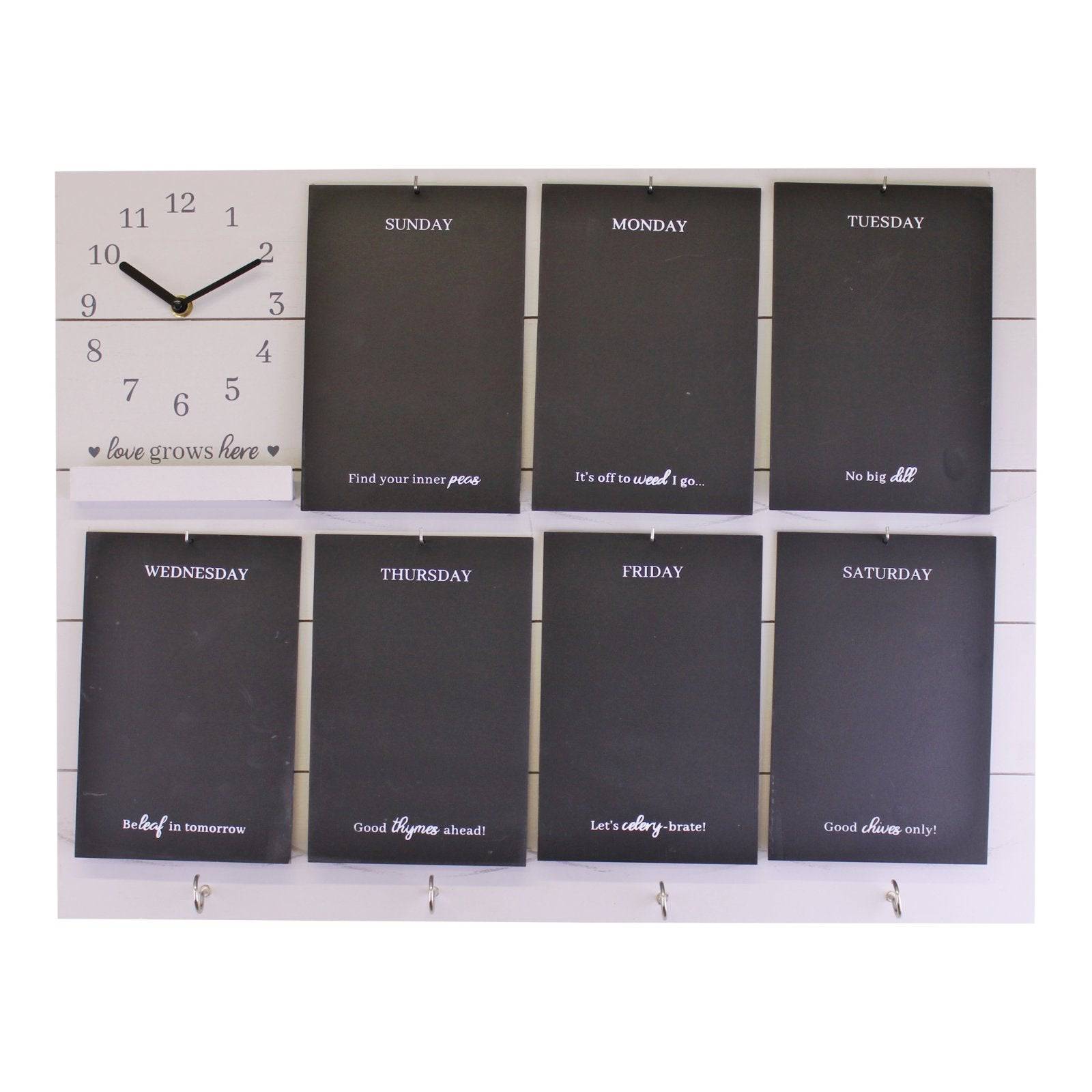 Potting Shed Weekly Reminder Chalkboard with Clock & Hooks, White - Price Crash Furniture